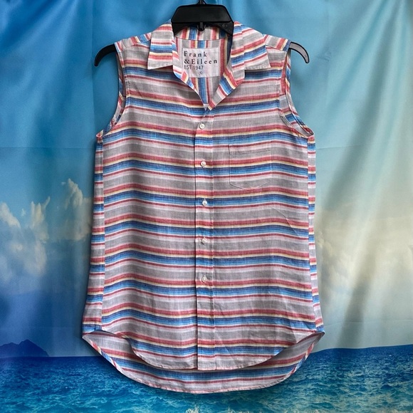 Frank & Eileen Fiona Sleeveless Classic Linen Blouse Size: S Multi Color Stripe - Picture 1 of 16